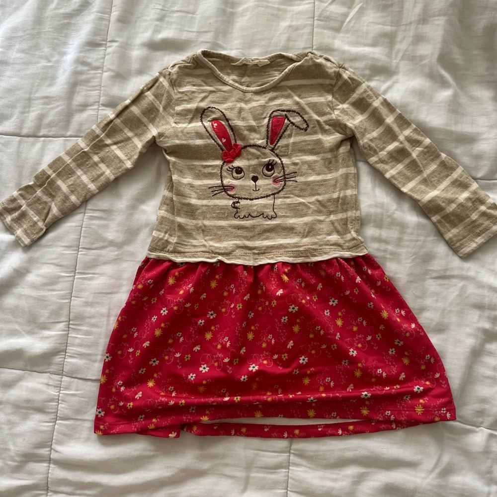 Striped Bunny Dress with Red Floral Skirt